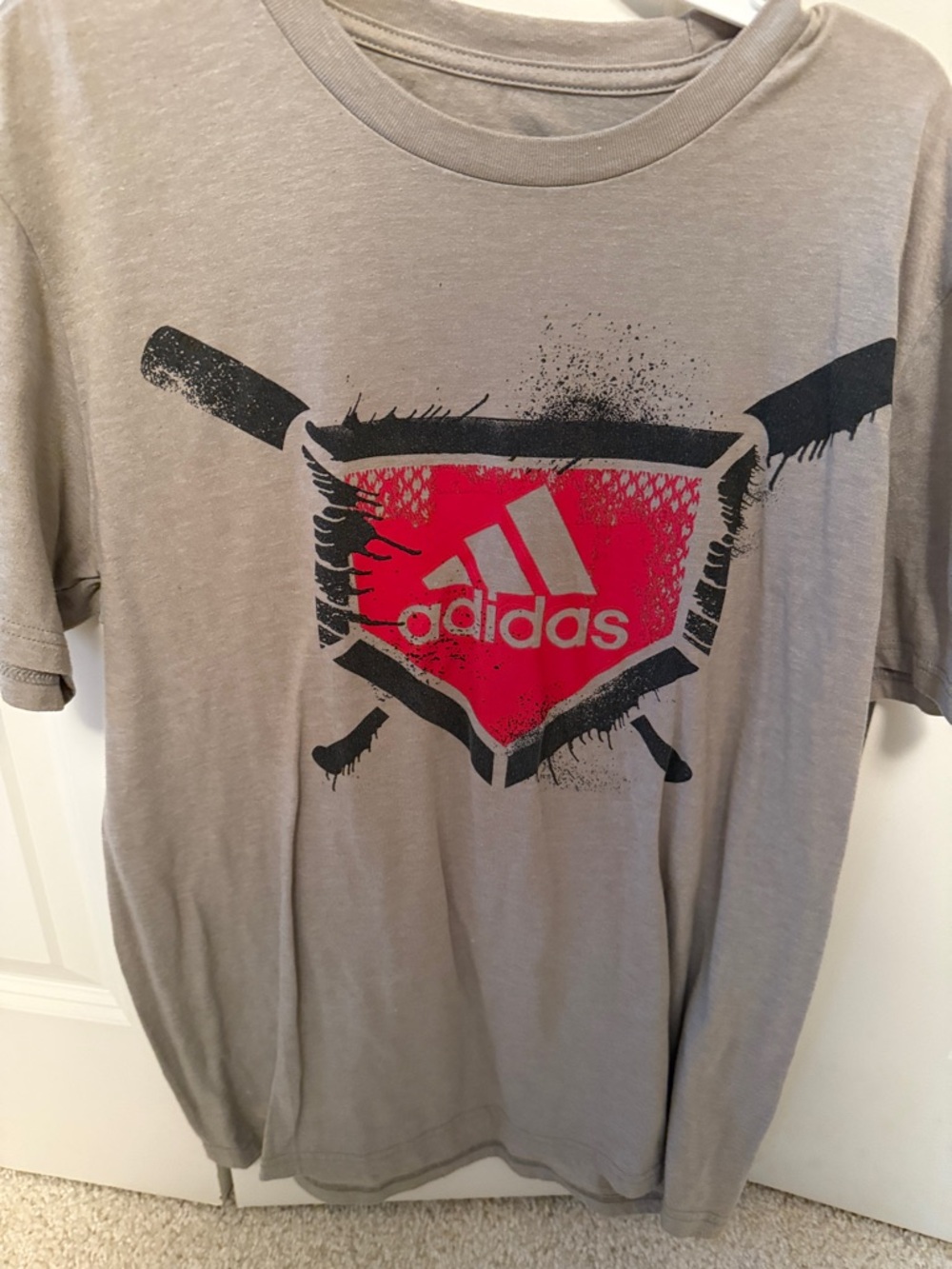 adidas Men’s Gray Short-Sleeve Tee with Red Logo Shield and baseball bat graphic